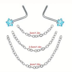 Blue crystal double nose rings with chain, stainless steel 20 gauge (0.8mm)